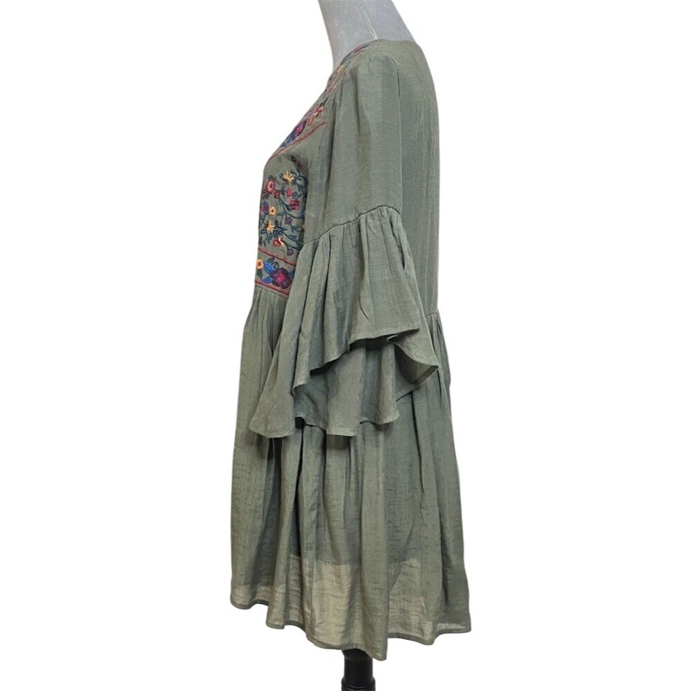 Altar'd State Dress Womens S Olive Green Boho Floral Embroidered Babydoll Tunic - Picture 4 of 11